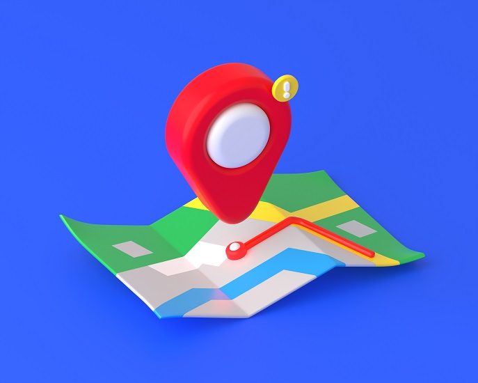 3d render red location pin over map with route